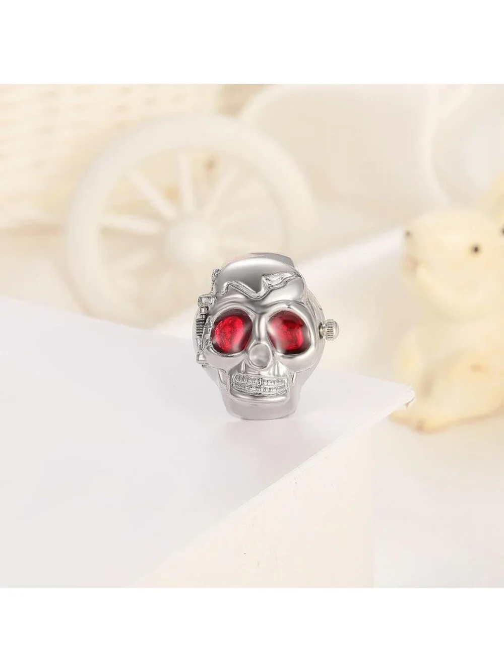 Unisex Silver And Red Analog Punk Skull Flip-Open Adjustable Finger Ring Watch